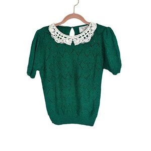 Retro Knit Sweater Floral Lace M Green Cottagecore Preppy Feminine Classic Chic